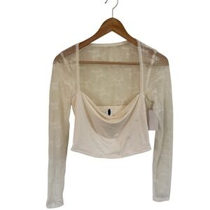 Abound Cream Lace Overlay Corset Crop‎ Top Long Sleeve Sheer Mesh Shirt M